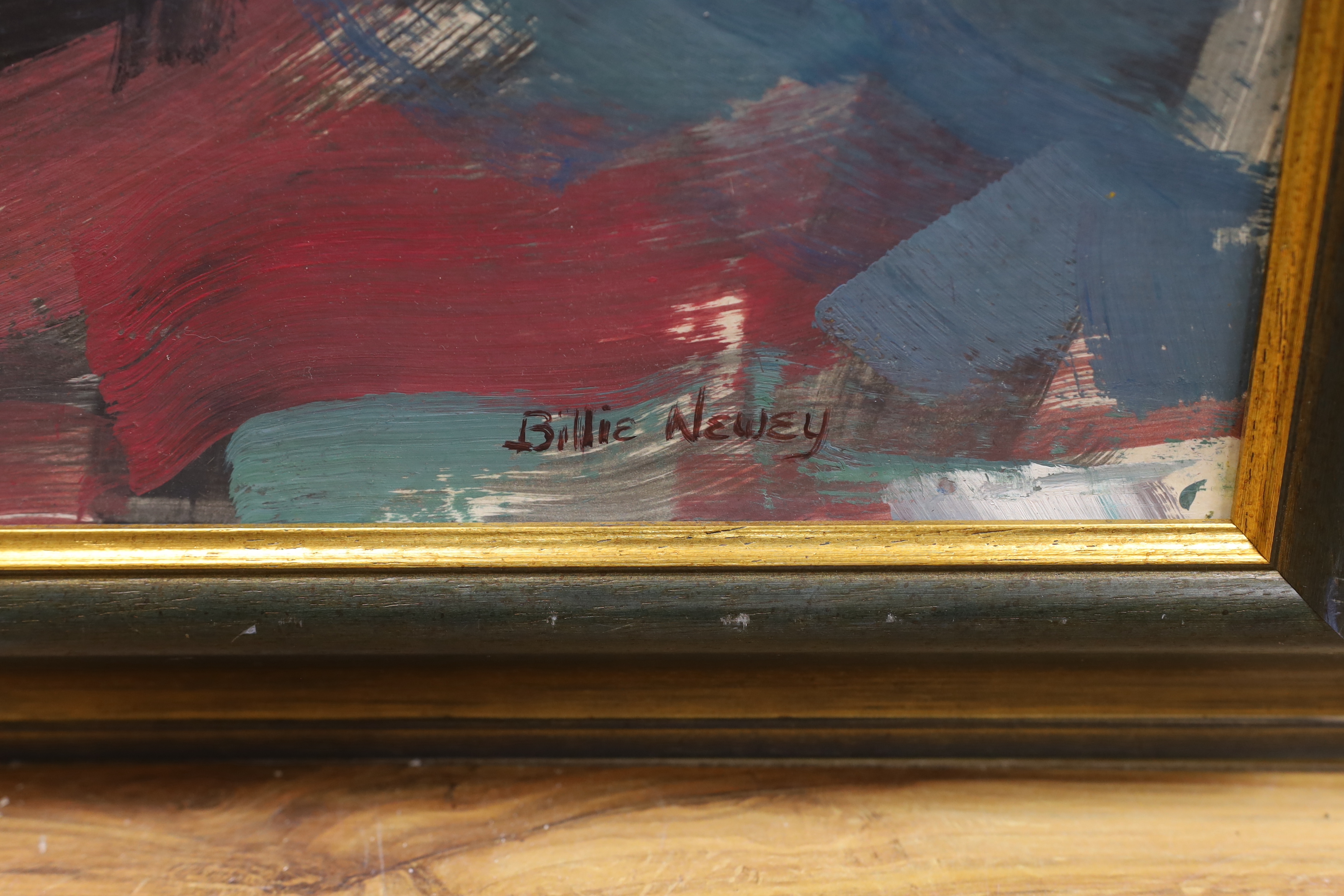 Billie Newey (Contemporary), acrylic on board, 'L'Etacqui', signed, J J Fox Art Competition inscribed label verso, 75cm x 30cm